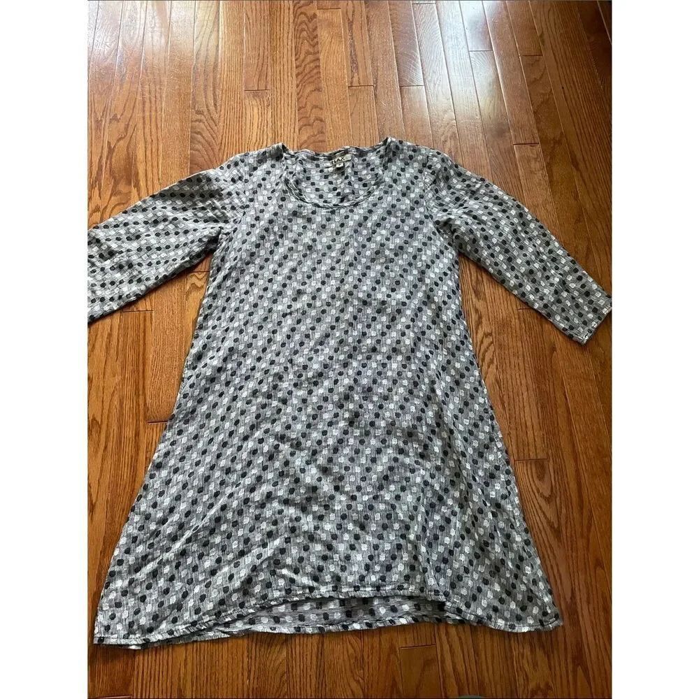Flax Gray Black Dot Print Long Sleeve Linen Shift Dress Women’s Sz Small